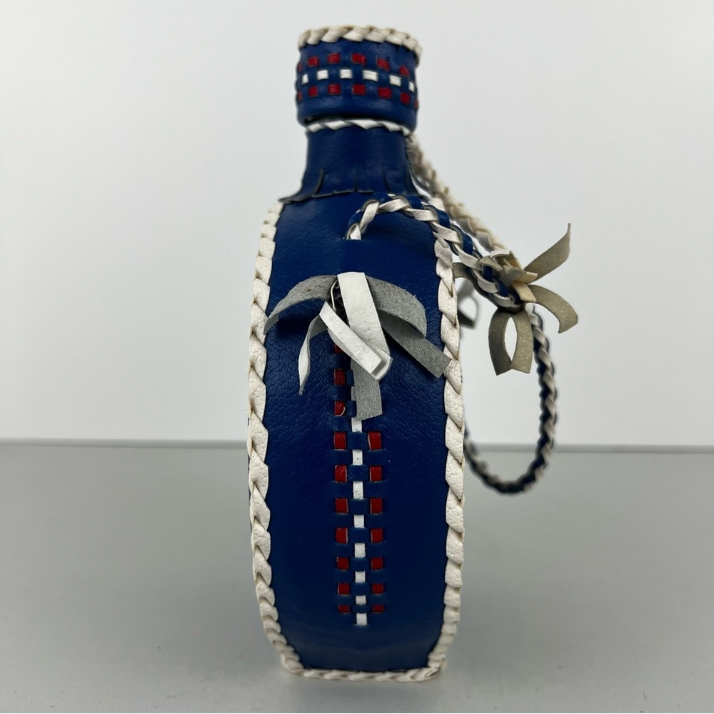 Vintage Folk Art Blue Floral Leather Covered Glass Bottle Canteen Decanter Flask - Picture 4 of 12
